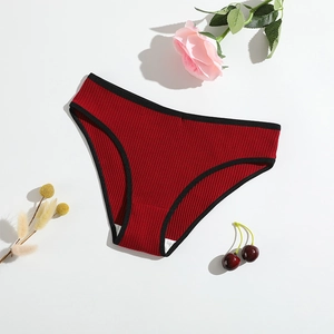 Red cotton ribbed panties for women with black contrast trim and breathable lining