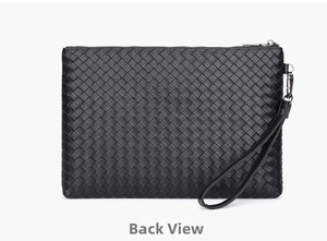 Back view of classic black woven leather clutch bag with secure wrist strap and zipper