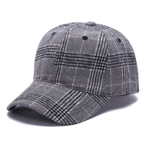 Grey plaid wool baseball cap with vintage check pattern shown from a 45-degree angle