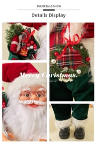 Detailed views of Santa Claus figure with velvet clothes, gift bag and green wreath