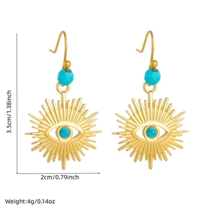 Gold evil eye sunburst earrings with turquoise beads and precise size measurements