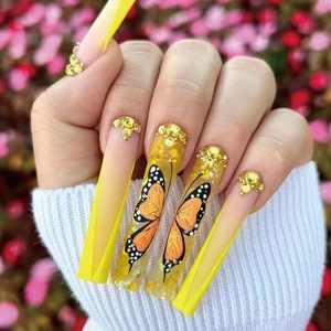 Butterfly Rhinestone Press On Nails Yellow Gradient Long Coffin French Style Artificial Fake Nails For Women