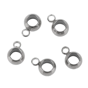 Detail of five silver stainless steel spacer beads with loops for DIY jewelry making