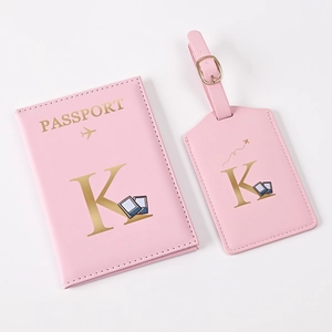 Pink PU leather passport holder and luggage tag set with gold letter K engraving