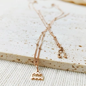 Detail view of rose gold zodiac necklace with Leo and Aquarius charms on beaded chain