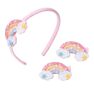Sparkly pink rainbow headband and hair clips set with glitter clouds and stars for girls