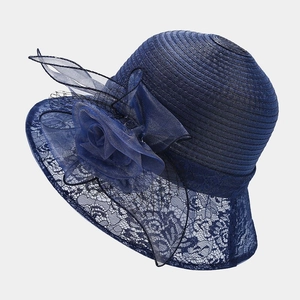 Elegant navy blue organza flower sun hat with lace brim for summer beach parties