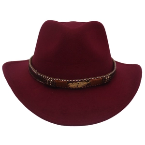Classic burgundy wool felt western cowboy hat featuring a braided band and gold feather detail