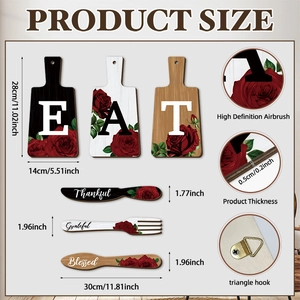 6pcs EAT rose wood kitchen wall signs with fork spoon plaque and size measurements