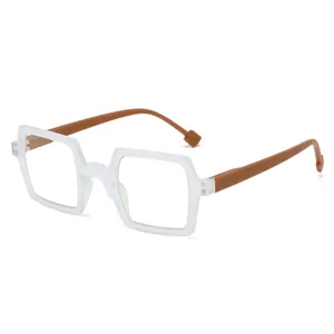 Minimalist square reading glasses with frosted clear frames and brown temples for seniors