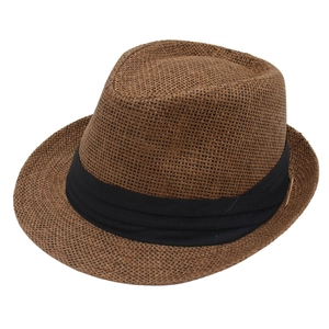 Classic coffee brown fedora straw hat with black ribbon band for summer outdoor style