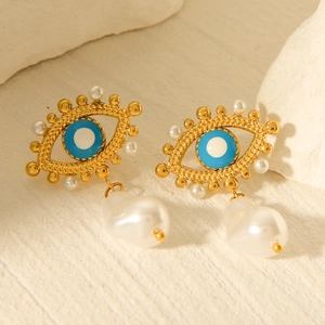 18k gold plated evil eye earrings with blue enamel and baroque pearl pendants
