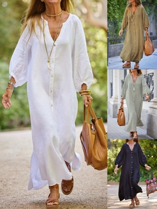 Women Button Down Maxi Shirt Dress Long Sleeve V Neck Loose Bohemian Casual Elegant Polyester Spandex