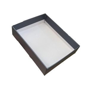 Open rectangular dark grey jewelry box with a white interior for necklaces and earrings
