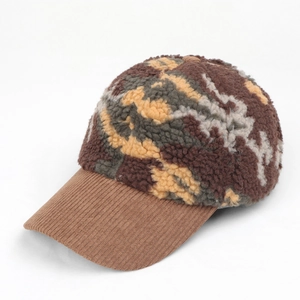 Winter camouflage baseball cap with plush fleece crown and brown corduroy brim
