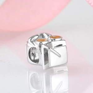 Polished S925 sterling silver owl bead charm with orange enamel eyes for DIY bracelets