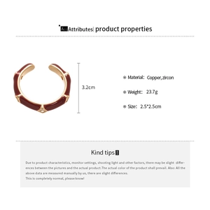 Detail view of gold-plated geometric ring with red enamel and zircon stone specs