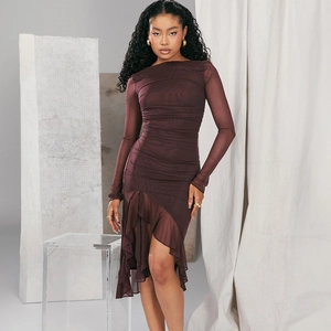 Women Elegant Long Sleeve Mesh Patchwork Dress Ruffled Irregular Hem Ruched Slim Fit Bodycon Midi Autumn Style