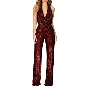 Deep red sequined halter jumpsuit with a deep V-neck and elegant wide-leg trousers