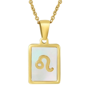 Macro detail of golden Leo zodiac square pendant with shimmering mother of pearl inlay