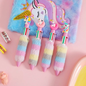 Detail of four unicorn plush pens with rainbow fur and 6-color multicolor ink tips