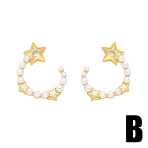 Elegant gold star and pearl curved drop earrings with shimmering zircon center stone