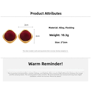 Detail showing vintage burgundy flocked square stud earrings size 2x2cm and alloy material