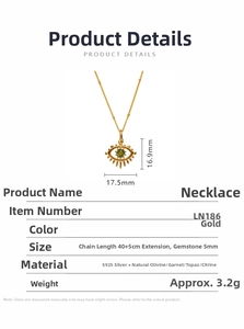 Detail view of S925 sterling silver evil eye necklace with green peridot gemstone
