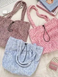Leopard Print Faux Fur Tote Bag For Women Large Capacity Plush Shoulder Handbag With Drawstring Winter Casual Trendy