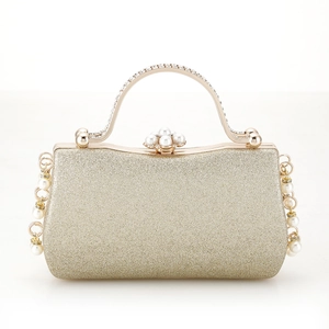 Champagne glitter evening bag with diamond handle and pearl chain decoration