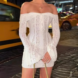 White lace off-shoulder mini dress with flared sleeves and drawstring front detailing