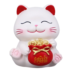 Cute white fortune cat figurine with red ears and gold ingots for car or desk