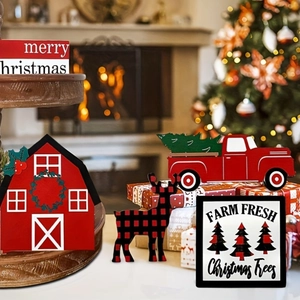 Close-up of rustic Christmas wooden tray decor featuring a red barn and farmhouse truck