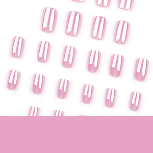Pink metallic mirror finish press-on nails set with various sizes on white background