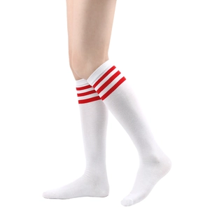 White knee-high college style socks featuring three red athletic stripes on the top