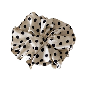 Satin oversized polka dot scrunchie with faux pearl edges in cream white and black
