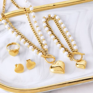 Pendant Necklace Bracelet Earrings Ring Stainless Steel Imitation Artificial Pearl Jewelry For Women Double Layer Toggle Clasp