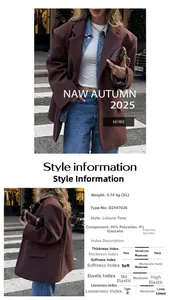 Detail showing brown oversized wool blazer material with 96% polyester fabric specifications