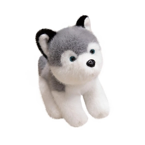 Cute realistic Husky plush dog toy with soft grey and white fur and blue eyes