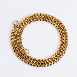 Close-up of 18K gold-plated stainless steel box chain necklace with a lobster clasp