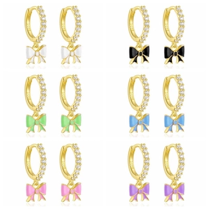 Bowknot Geometric Hoop Earrings With 925 Sterling Silver Earring Post Enamel Zirconia Copper Drop Earrings For Women Jewelry