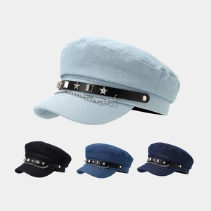 Denim Flat Top Military Hat For Women Retro Punk Style Sailor Cap With Metal Chain And Star Rivets Adjustable