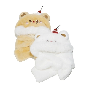 Detail view of plush bear hat with embroidery, 3D ears and red cherry decoration