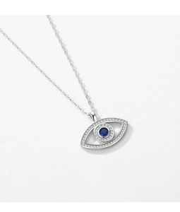 Macro view of S925 silver Evil Eye pendant with blue stone and cubic zirconia inlay