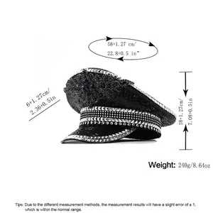 Elegant black military cap with sequins and rhinestones featuring detailed size dimensions
