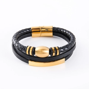 Bracelet multicouche en cuir noir fait main pour homme avec fermoir magnétique doré