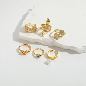 Set of 6 luxury 14K gold plated serpent rings with zircon, pearls and ruby accents