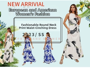 Détails d'une robe longue d'été à imprimé floral avec épaules dénudées et col rond