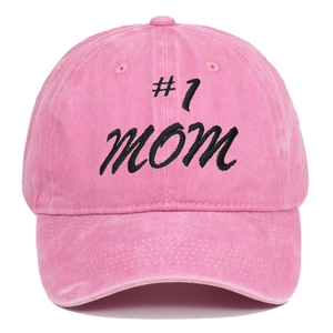 Detail of pink washed cotton baseball cap with #1 MOM black embroidery and vintage texture