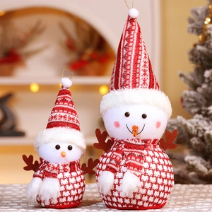 Plush Christmas snowman set with deer antlers and knit hats for festive holiday decoration